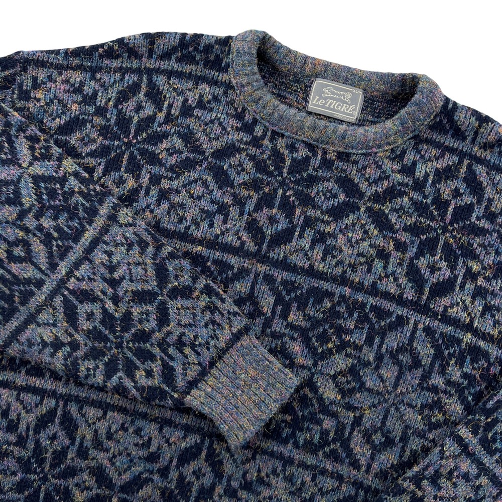 Vtg 90s Le Tigre Sweater Mens XL Blue Multi Color Snowflake Crew Orlon Knit USA